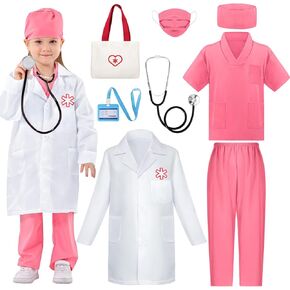 Doctor Costume for Kids, Toddler Medical Dress up Clothes with Real Stethoscope & Carry Bag, Nurse Outfit for Girls Boys Birthday Christmas Gift (Pink)