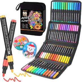 60 Colors Acrylic Paint Pens Paint Markers, Acrylic Paint Markers with Medium Tip Point, Premium Paint Markers for Rock, Glass, Wood, Paper Painting, Acrylic Markers Set for Kids and Adults DIY Craft
