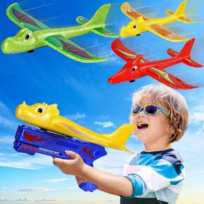 Boys Toys Age 4 5 6 Year Old Boys Toys Gifts: Airplane Launcher Toys with 3 Pack Dinosaur Glider Foam Aeroplanes for Kids - Garden Outdoor Toys for 4 5 6 7 8 9 Year Old Boys Birthday Gifts