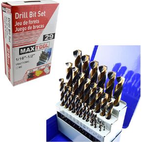 MaxTool 29 قطعة تويست Jobber طول ثقب مجموعة ريشة الحفر؛ 5% كوبالت الفولاذ عالي السرعة HSS M35؛ 135° نقطة منفصلة بالكامل الأرضية؛ JBS35G10R029