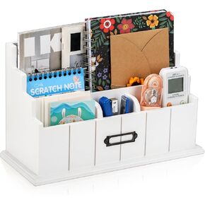 3-Tier Wooden Mail Organizer, Countertop Desk Organizer, White Wood Bill Organizer, Rustic File Paper Holder, Workspace Desktop Mail Sorter for Pen, Notebooks, Office Supplies