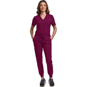 Green Town Scrubs for Women Scrub Set - Jogger Pant and Tuck-in V-Neck Top, 5 Pockets, Yoga Waistband, Nursing Uniform-Caribbean-Medium Petite