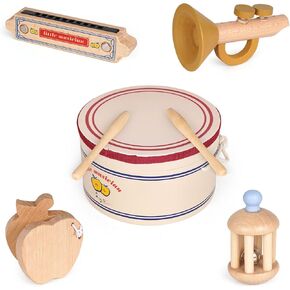Toddler Musical Instruments Kids Drum Set Montessori Baby Musical Toys Wooden Percussion Instruments Baby Preschool Educational Birthday Gift Neutral Colors Drums can be stored