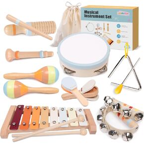 Toddler Musical Instruments Set - Montessori Toys Wooden Percussion Baby Drum Xylophone Maracas Set, Sensory Toys for 18 Month Old Preschool Music Education, 2 3 4 Year Old Girl Boy Birthday Gift