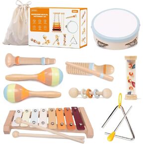 Baby Musical Instruments Sets, Montessori Wooden Percussion Educational Musical Toys for Toddlers, Xylophone Preschool Learning Activities Birthday Gifts for Boys Girls