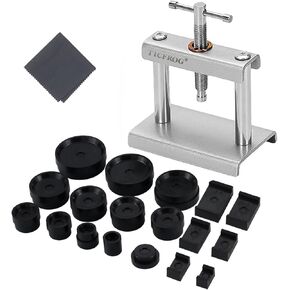 Watch Press Tool, Watch Crystal Press, Set Back Case Closer, Metal Watch Back Case Press, Watch Battery Replacement Tool with Cleaning Cloth and 18pcs Dies for Round/Square Watch Dials