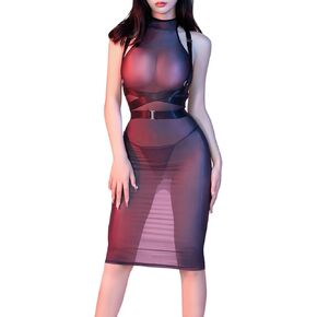 RUIBAVYA Women's Sexy Bodystocking Dress Sleeveless Lingerie Dress Halterneck Nylon Full Body Stocking Adjustable Neck Strap