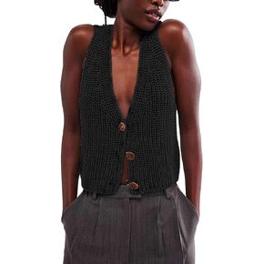 Casual V Neck Button Down Knit Sleeveless Sweater Vest Tops Button Down Cardigan Cropped Tank Vests