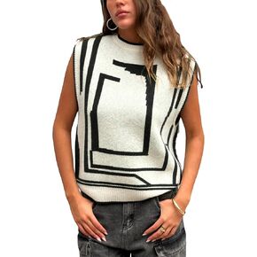 Fiona Jolin Womens Sweater Vest Loose Crewneck Sleeveless Pullover Sweater Graphic Ribbed Knitted Vest