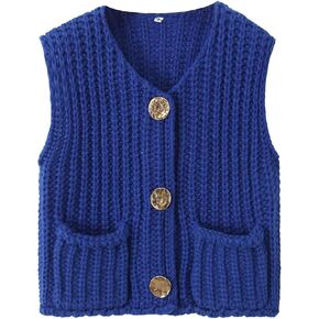 Women Crochet Knit Sweater Vest Button Up Cropped Casual Sleeveless Vest Fashion Vintage Cardigan with Pocket