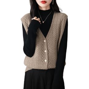 Women's 100% Merino Wool Sweater Vest 2024 Fall Winter V Neck Button Down Sleeveless Cable Knit Sweater Vest