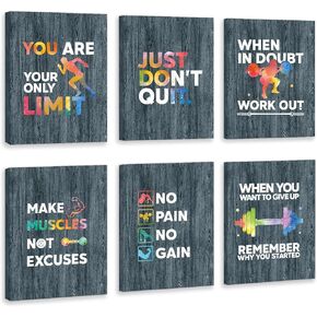 HLNIUC Motivational Gym Wall Art,Inspirational Workout Room Poster, Motivational Words Home Gym Decor Set Of 6(8’’X10’’,Unframed),Positive Canvas Art Print For Gym,Exercise Classroom Decor