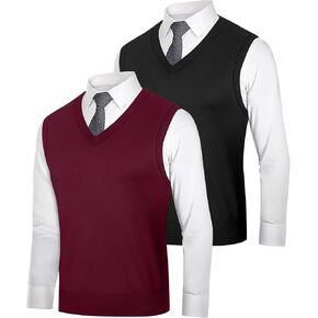 Ficerd 2 Pack Men's Sweater Vest, Slim Fit V Neck Knitted Pullovers Casual Lightweight Knitwear Sleeveless Basic Sweater Tops