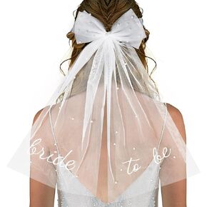 Bride to Be Bridal Veil Bachelorette Party White Pearl Bow Wedding Veil Hair Clip Tulle Bridal Short Veils for Women Girls Bachelorette Party Bridal Shower Bridesmaid Gift Engagement Party