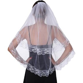 Yalice 2 Tier Black Wedding Veil Vintage Short Bridal Veil with Bow Gothic Pencil Edge Lace Veils Halloween Party Veil