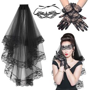 Halloween Costume Veil Black Lace Bridal Veil with Comb Black Lace Short Gloves and Black Mask for Halloween Wedding Cosplay Party