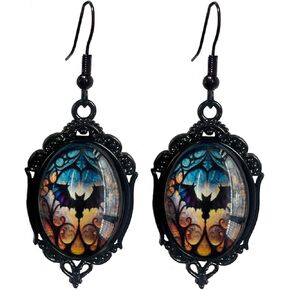 Gothic Halloween Cameo Earrings, Vintage Crystal Glass Witch/Raven/Bat/Tree Dangle Earrings Punk Style Dark Earrings Goth Victorian Earrings Halloween Jewelry for Women