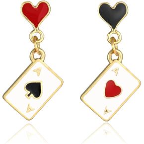 Clock Poker Dangle Earrings for Women Queen of Red Heart Earrings Red Heart Ace Poker Card Earrings Asymmetric Long Clock Poker Drop Earrings
