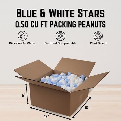 Magicwater Supply - .5 Cu Ft - Blue & White Star Shaped Recycled Anti Static Packing Peanuts - Compostable & Biodegradable Cushion for Shipping - Dust-Free & Abrasion Resistant - Void Filler in Saudi Arabia