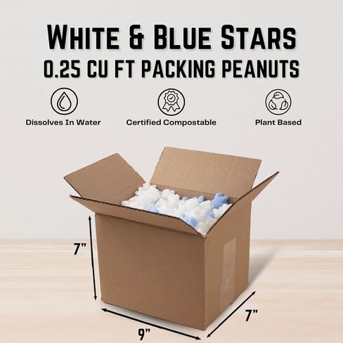Magicwater Supply - .25 Cu Ft - Blue & White Star Shaped Recycled Anti Static Packing Peanuts - Compostable & Biodegradable Cushion for Shipping - Dust-Free & Abrasion Resistant - Void Filler in Saudi Arabia