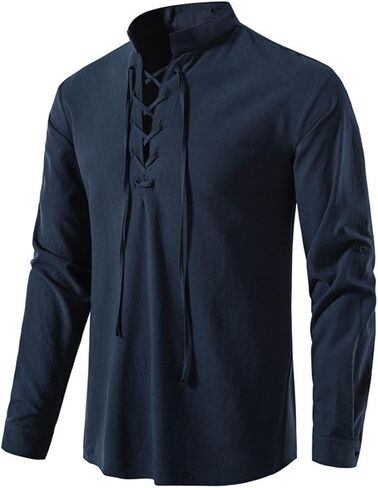 Men's Cotton Linen Lace Up Shirts Pirate Medieval Viking Renaissance Halloween Costume Drawstring Arm Banded Tops in Kuwait
