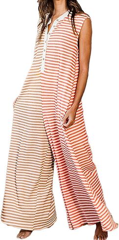 CHARTOU Loose Striped Wide Leg Jumpsuit for Women Summer Romper Flowy Pants Comfy Sleeveless Button Baggy Overalls in Kuwait