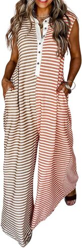 CHARTOU Loose Striped Wide Leg Jumpsuit for Women Summer Romper Flowy Pants Comfy Sleeveless Button Baggy Overalls in Kuwait