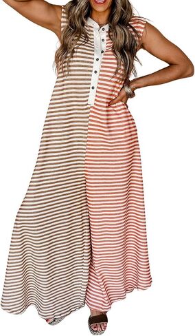 CHARTOU Loose Striped Wide Leg Jumpsuit for Women Summer Romper Flowy Pants Comfy Sleeveless Button Baggy Overalls in Kuwait