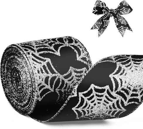 2.5" X 10 Yards Halloween Spider Web Wired Ribbon for Gift Wrapping, Glitter Cobweb Ribbon for Halloween Party Decoration, Garland, Home Wreath, Tree, Bow Decor, DIY Crafts Ornaments in Saudi Arabia