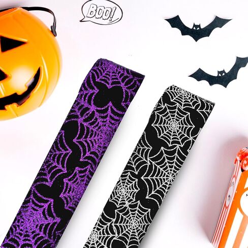 2.5" X 10 Yards Halloween Spider Web Wired Ribbon for Gift Wrapping, Glitter Cobweb Ribbon for Halloween Party Decoration, Garland, Home Wreath, Tree, Bow Decor, DIY Crafts Ornaments in Saudi Arabia