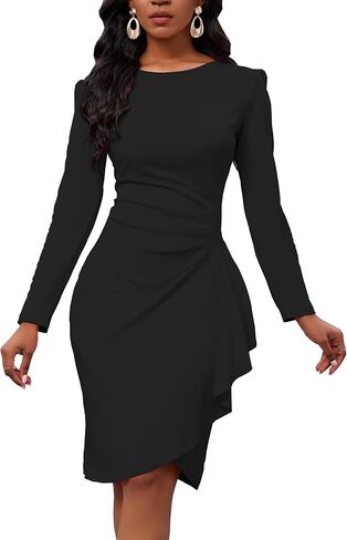 Women's Long Sleeve Bodycon Dress Crew Neck Ruched Wrap Wear to Work Church Midi Pencil Dress Elegant in Saudi Arabia