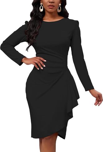 Women's Long Sleeve Bodycon Dress Crew Neck Ruched Wrap Wear to Work Church Midi Pencil Dress Elegant in Saudi Arabia
