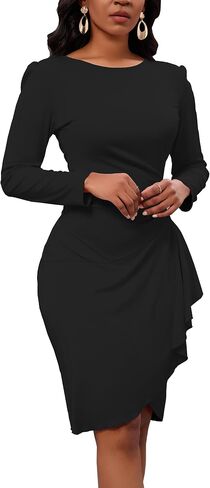 Women's Long Sleeve Bodycon Dress Crew Neck Ruched Wrap Wear to Work Church Midi Pencil Dress Elegant in Saudi Arabia
