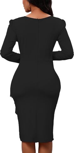 Women's Long Sleeve Bodycon Dress Crew Neck Ruched Wrap Wear to Work Church Midi Pencil Dress Elegant in Saudi Arabia
