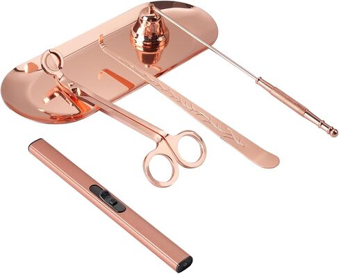 مجموعة إكسسوارات شموع 5 في 1، طقم العناية بالشموع باللون الذهبي الوردي مع ولاعة وصينية، وقاطعة تشذيب فتائل الشموع، وطفاية شموع، وغطاء فتيل هدية لمحبي الشموع in Kuwait