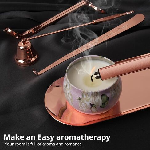 مجموعة إكسسوارات شموع 5 في 1، طقم العناية بالشموع باللون الذهبي الوردي مع ولاعة وصينية، وقاطعة تشذيب فتائل الشموع، وطفاية شموع، وغطاء فتيل هدية لمحبي الشموع in Kuwait