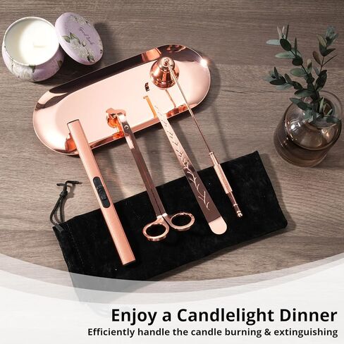 مجموعة إكسسوارات شموع 5 في 1، طقم العناية بالشموع باللون الذهبي الوردي مع ولاعة وصينية، وقاطعة تشذيب فتائل الشموع، وطفاية شموع، وغطاء فتيل هدية لمحبي الشموع in Kuwait