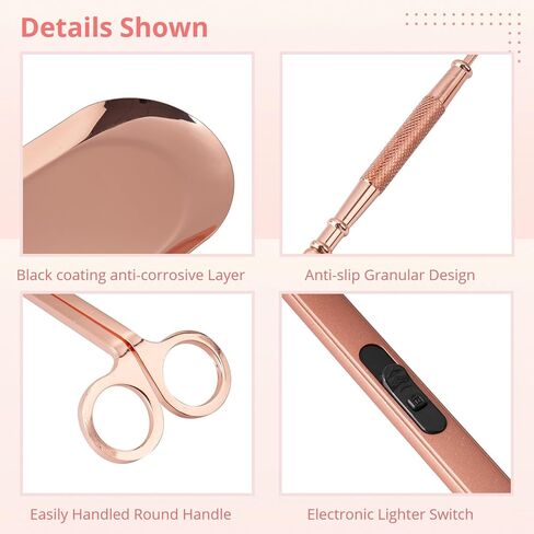 مجموعة إكسسوارات شموع 5 في 1، طقم العناية بالشموع باللون الذهبي الوردي مع ولاعة وصينية، وقاطعة تشذيب فتائل الشموع، وطفاية شموع، وغطاء فتيل هدية لمحبي الشموع in Kuwait