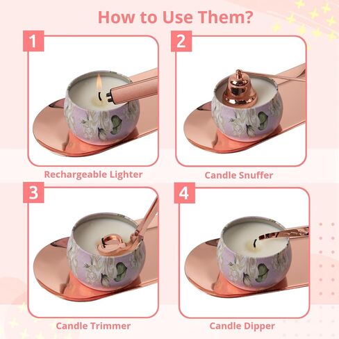 مجموعة إكسسوارات شموع 5 في 1، طقم العناية بالشموع باللون الذهبي الوردي مع ولاعة وصينية، وقاطعة تشذيب فتائل الشموع، وطفاية شموع، وغطاء فتيل هدية لمحبي الشموع in Kuwait