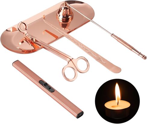 مجموعة إكسسوارات شموع 5 في 1، طقم العناية بالشموع باللون الذهبي الوردي مع ولاعة وصينية، وقاطعة تشذيب فتائل الشموع، وطفاية شموع، وغطاء فتيل هدية لمحبي الشموع in Kuwait
