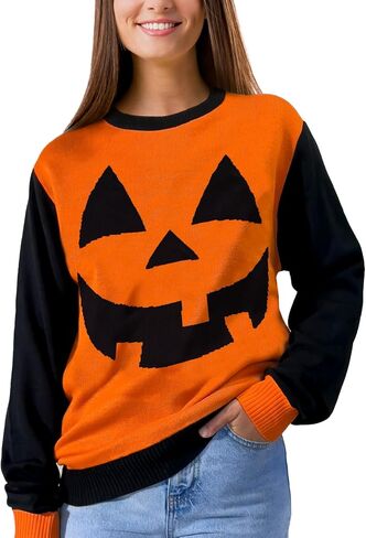Halloween Sweater - Cozy Jack-o-Lantern Design - Orange and Black - Small US Size - Spooky Knit Pullover - Unisex Halloween Sweater in Saudi Arabia