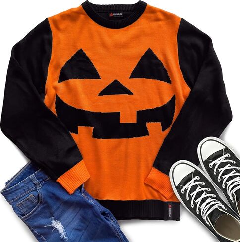 Halloween Sweater - Cozy Jack-o-Lantern Design - Orange and Black - Small US Size - Spooky Knit Pullover - Unisex Halloween Sweater in Saudi Arabia