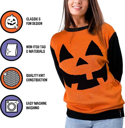 Halloween Sweater - Cozy Jack-o-Lantern Design - Orange and Black - Small US Size - Spooky Knit Pullover - Unisex Halloween Sweater in Saudi Arabia
