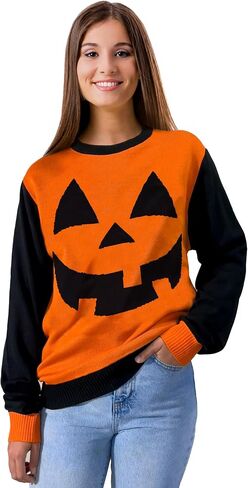 Halloween Sweater - Cozy Jack-o-Lantern Design - Orange and Black - Small US Size - Spooky Knit Pullover - Unisex Halloween Sweater in Saudi Arabia