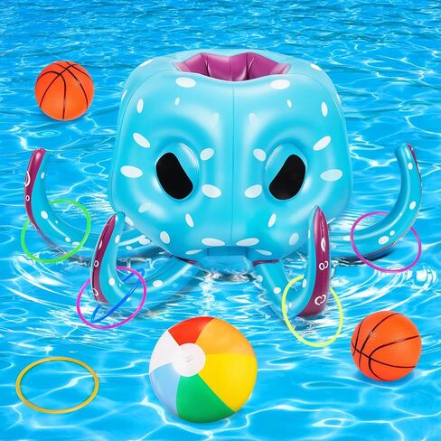 Kids Octopus Pool Toys, 2-in-1 Inflatable Basketball Hoop & Ring Toss Games, Valentines Party Favors Birthday Gift 3 4 5 6 7 8 9 10+ Year Old Boy Girl Indoor Outdoor Beach Ball Water Pool Toy for Kids in Saudi Arabia