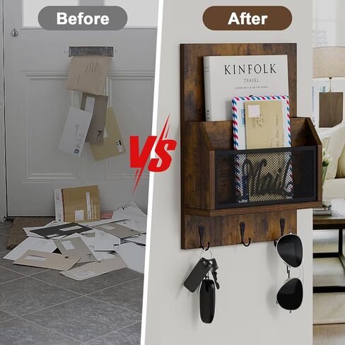 منظم بريد YINMIT مع حامل مفاتيح للجدار، فارز البريد مثبت على الحائط مع 3 خطافات، بريد وحامل مفاتيح لغرفة المدخل والمكتب المنزلي in Kuwait