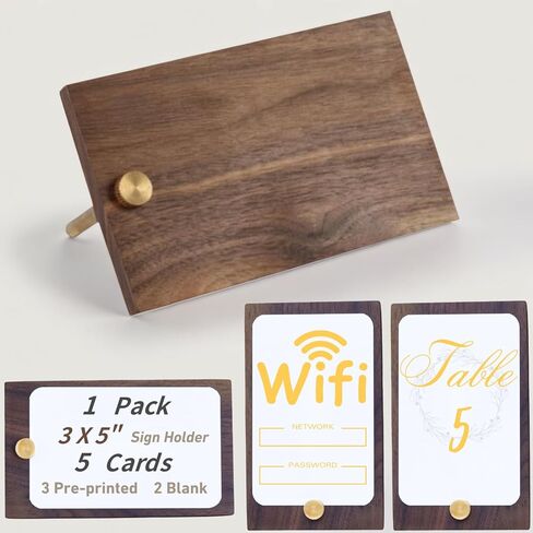 Table Sign Holder, Walnut Wood and Brass Tabletop Card Stand with 5 Cards, Display WIFI Password, Place Number, Reserved, QR code, Price tags, for Wedding, Vendor, Reception, Airbnb. in Saudi Arabia