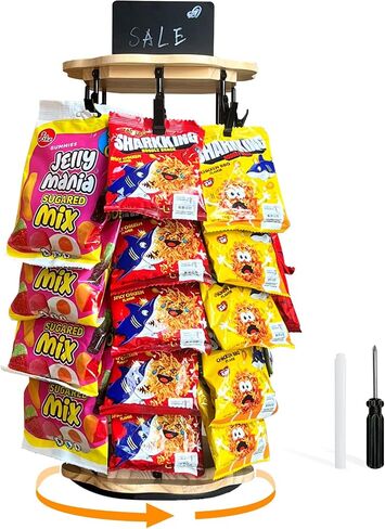 Chip Rack Display Stand, Snack Organizer, Flower-Shaped Rotating Wooden Concession Stand Supplies with 40 Clips, Waterproof Chip Organizer for Pantry, Chip Bag Holder, Chip Stand Display for Party, Retail Chip Display Rack Countertop, Natural in Saudi Arabia