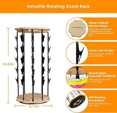 Chip Rack Display Stand, Snack Organizer, Flower-Shaped Rotating Wooden Concession Stand Supplies with 40 Clips, Waterproof Chip Organizer for Pantry, Chip Bag Holder, Chip Stand Display for Party, Retail Chip Display Rack Countertop, Natural in Saudi Arabia