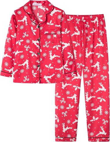 Satin Pajamas for Big Girls Unisex Kids Silk Button Down Long Sleeve & Pants PJS 2PCS Size 8-16 in Kuwait